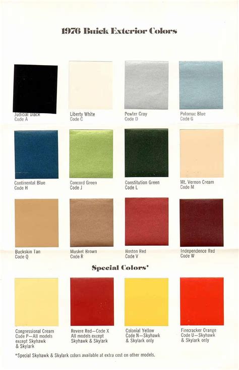 1976 Buick Exterior Color Chart Note All The Nods To The Bicentennial In The Names