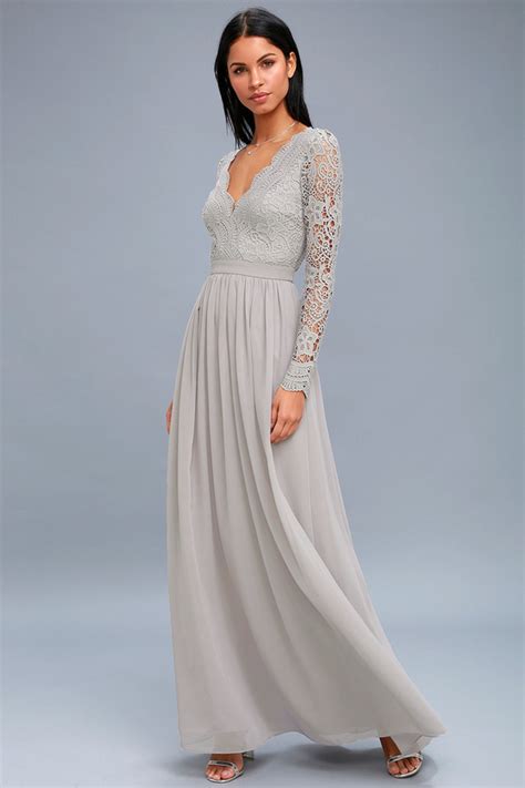 Lovely Light Grey Dress Lace Long Sleeve Maxi Dress Lulus