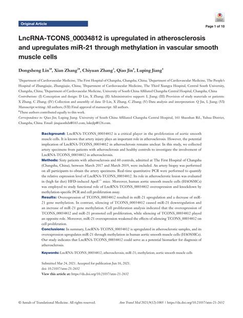 Pdf Lncrna Tcons Is Upregulated In Atherosclerosis And