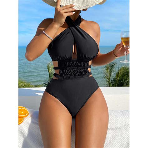 Trendy Sexy Crumple One Piece Bikini Women Conservative Swimsuit Stretch Elastic Waist Bikini