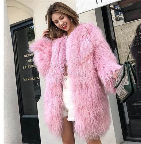 Famous Stylish Pink Lively Long real Mongolian Lamb Fur coats outerwear ...