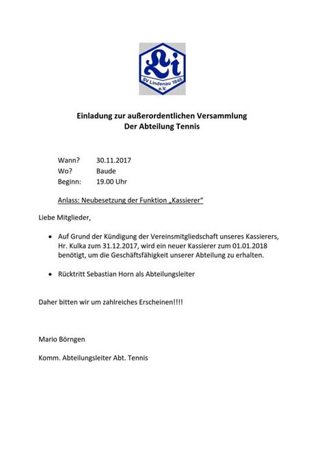 Einladung Zur Au Erordentlichen Versammlung Der Abteilung Tennis Sv