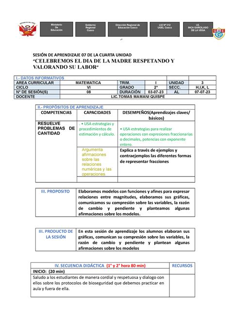 Sesión DE Aprendizaje 08 DE LA Tercera Unidad SESIÓN DE APRENDIZAJE