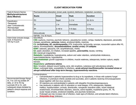 Med Card Methylprednisolone Client Medication Form Trade And Generic