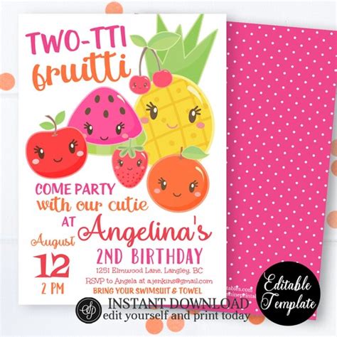 Editable Two Tti Frutti Birthday Invitation Cutie Fruit Second Etsy