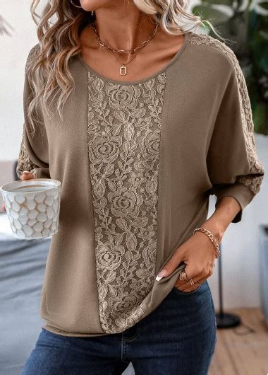 Rotita Light Coffee Patchwork Round Neck T Shirt Rotita Usd