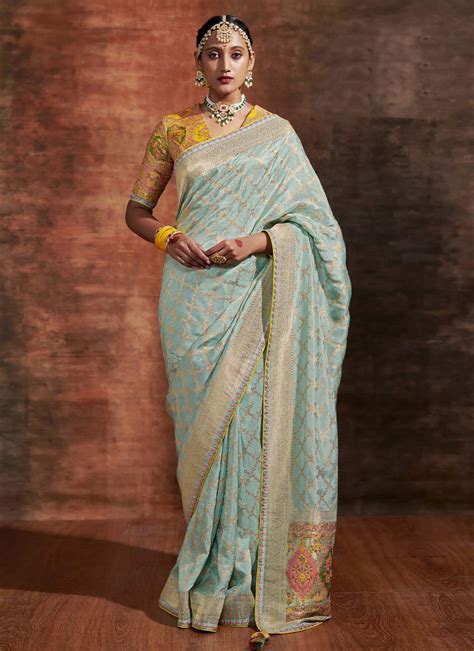 Aqua Blue Crepe Silk Mehndi Classic Saree Buy Online