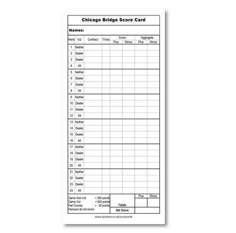 Chicago Bridge Score Cards Pack Of 50 Double Sided