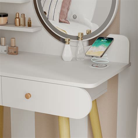 Coiffeuse Edda Blanc Avec Tabouret Miroir Led Et Station De Recharge