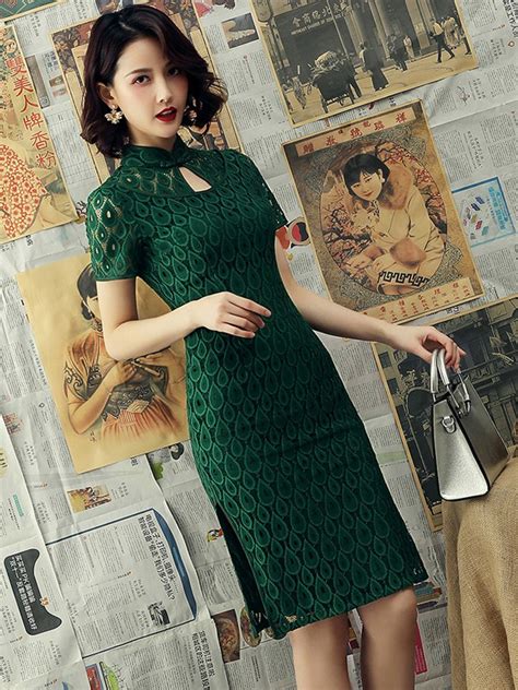 Green Lace Keyhole Modern Qipao Cheongsam Dress Cozyladywear