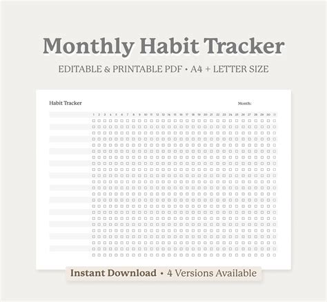 Monthly Habit Tracker Printable Template Editable Routine Tracker Goal