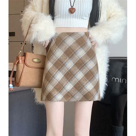 Women S Vintage Woolen Plaid Skirt Elegant High Waist Slimming Anti