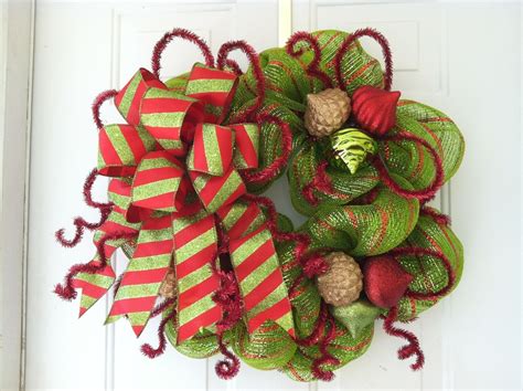 Custom Made Lime Green And Red Striped Metallic Deco Mesh Holiday Wreath