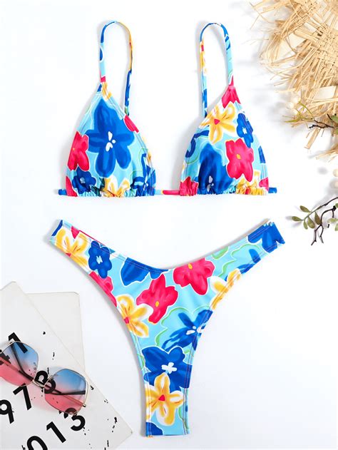 Floral Print Triangle High Cut Bikini Swimsuit SHEIN USA