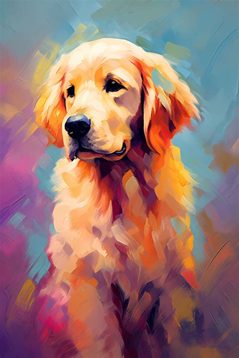 An Oil Painting Of A Golden Retriever Dog Sitting In Front Of A Blue