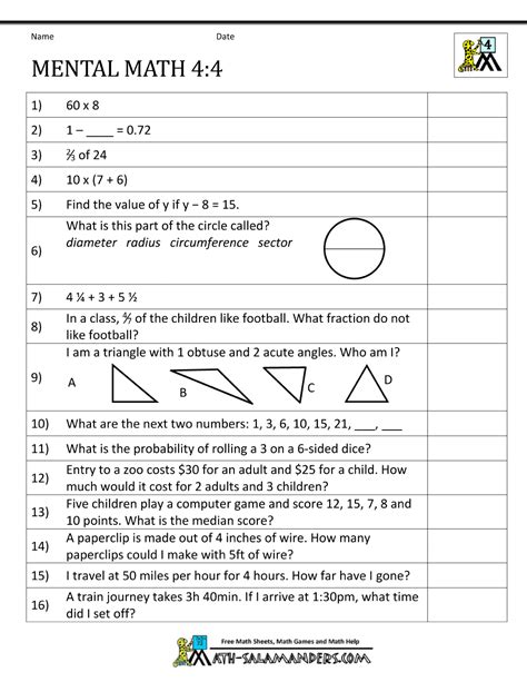 Mental Math Quiz For Grade 4