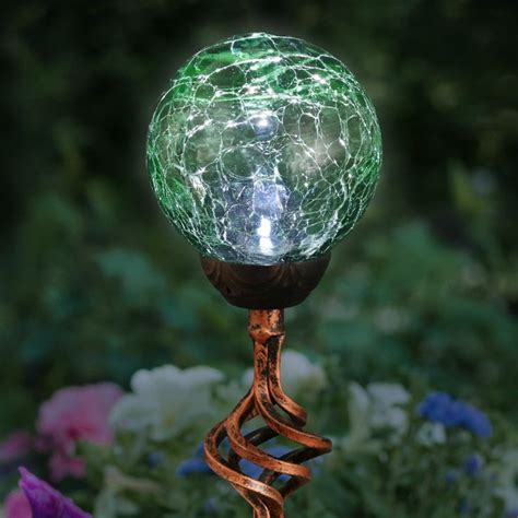 Solar Green Crackle Glass Ball Garden Stake With Metal Finial Detail