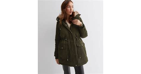 Khaki Faux Fur Trim Hooded Parka Jacket New Look