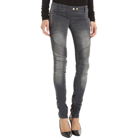 Balmain Moto Jeans In Gray Denim Lyst