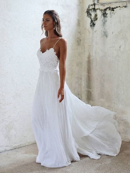 A Line Spaghetti Straps Backless Lace White Beach Wedding Dresses Whi