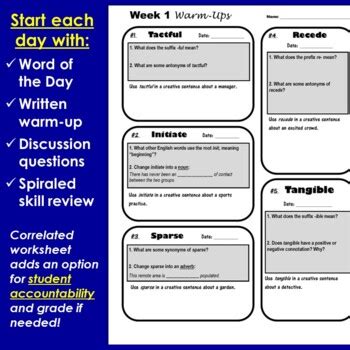 Vocabulary Word Of The Day Bellringers Printable Digital Tpt