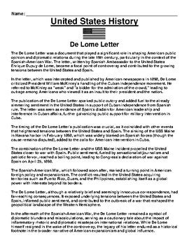 De Lome Letter Article & Questions Assignment (PDF) by Academic Links