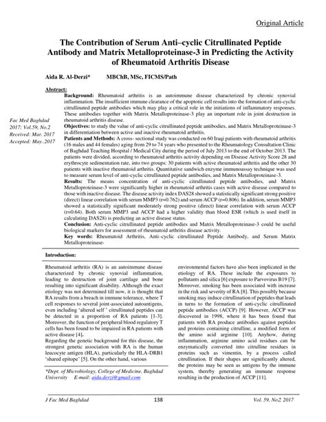 (PDF) The contribution of serum Anti-cyclic citrullinated peptide antibody and Matrix ...