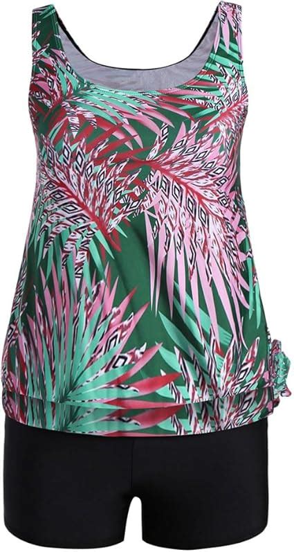 Rosegal Plus Size Swimwear Fro Women Leaves Print Blouson Tankini Set