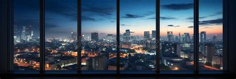 Una Vista Nocturna De Una Ciudad Desde Una Ventana De Alta Altitud