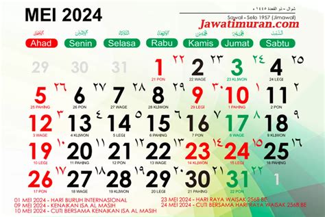 Kalender Jawa Bulan Mei 2024 Lengkap dengan Weton untuk Menghitung Hari
