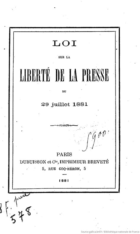 Loi Sur La Liberté De La Presse Du 29 Juillet 1881