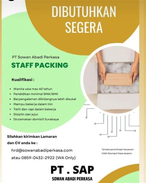 Lowongan Kerja Staff Packing Di Pt Sowan Abadi Perkasa Surabaya