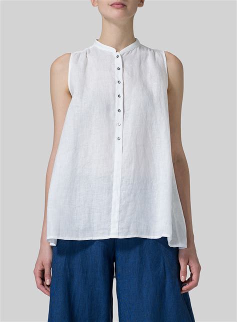 Linen Mandarin Collar A Line Sleeveless Shirt