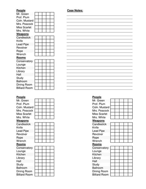 Printable Clue Game Sheets