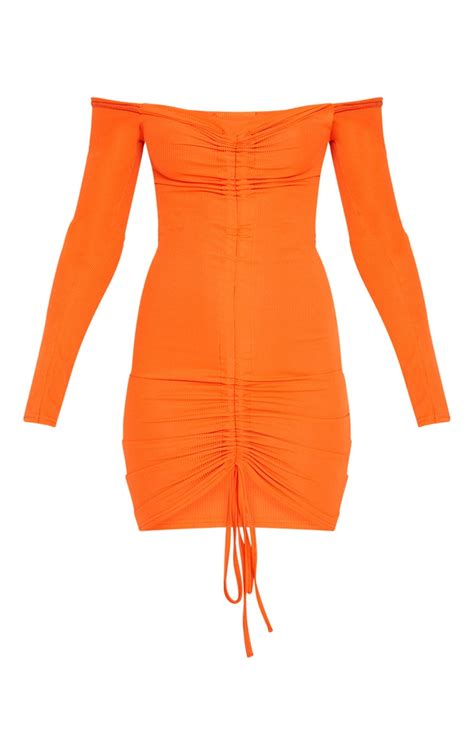 Orange Ribbed Long Sleeve Bardot Ruched Bodycon Dress Prettylittlething Usa