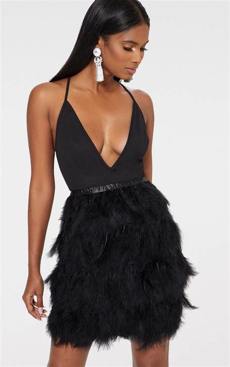 Black Strappy Extreme Plunge Feather Bottom Dress Feather Cocktail