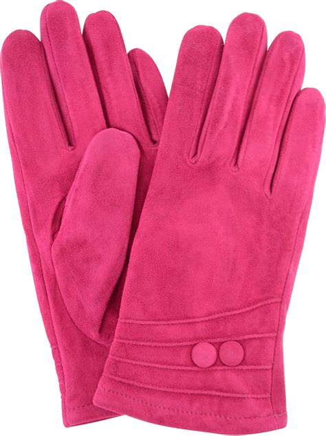 Ladies Suede Gloves With Fleece Lining And Two Button Design Fuschia Pink Cherry Red Brown