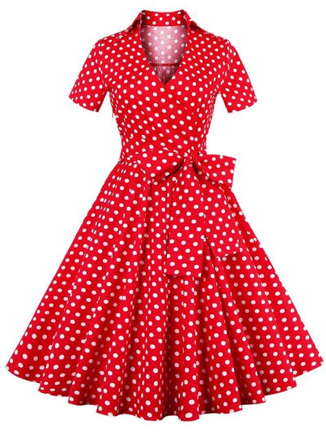 2018 Retro Polka Dot Print Bowknot Flare Dress In Red M Rosegal