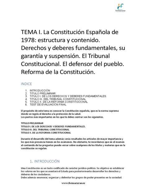 Tema 1 La Constitución Española De 1978 Estructura Y Contenido Derechos Y Deberes