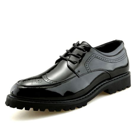 Black Patent Baroque Wingtip Lace Up Cleated Sole Mens Oxfords