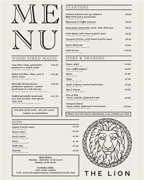 Menu at Lion - Earls Colne pub & bar, Earls Colne