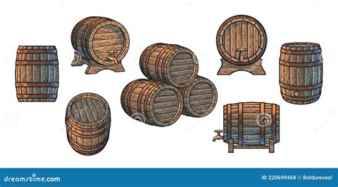 Set Of Wooden Barrels In Different Positions Front And Side View At