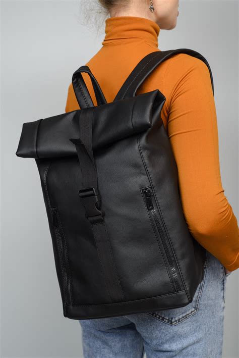 Roll Top Backpack Woman Roll Top Eco Leather Roll Top Backpack For Plain Roll Top Black