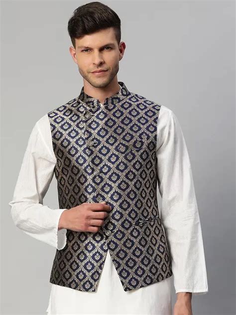 Men Navy Blue Gold Ethnic Motifs Jaquard Woven Design Nehru Jacket Manq