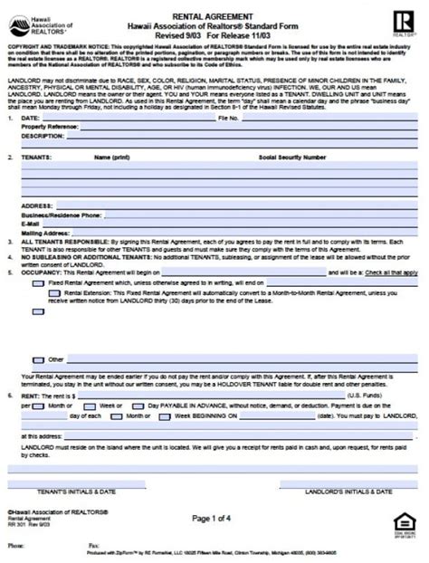 Free Printable Hawaii Rental Agreement Template Printable Templates