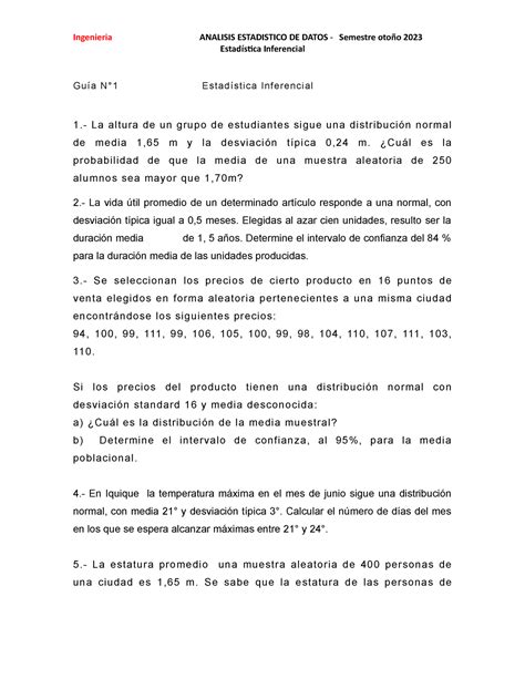 Guia 1 Estadistica Inferencial 1 Estadís琀椀ca Inferencial Guía N°1 Estadística Inferencial 1