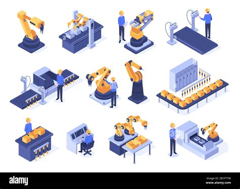 Isometric Industrial Robots Assembly Line Machines Robotic Arms With