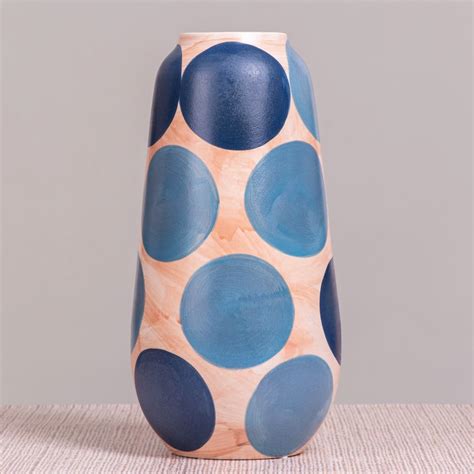 Spotted Brown Blue Ceramic Vase White Teak