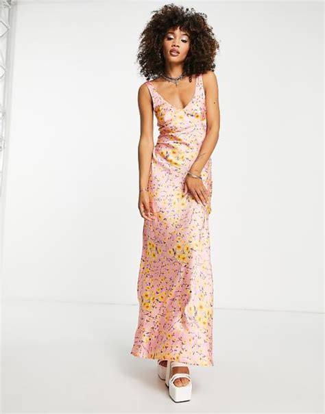 Asos Design Satin Maxi Bias Slip Dress In Yellow Floral Asos