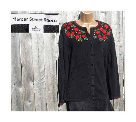 Vintage Black Cardigan Sweater Winter Poinsettia Clothing Cardigan